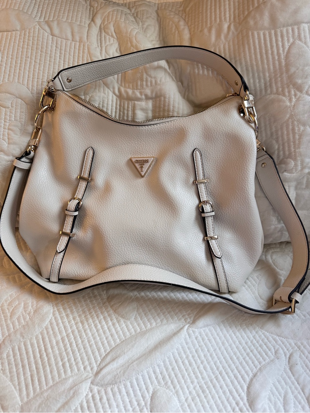Guess White Pebbled Shoulder or crossbody Bag with Gold Hardware
